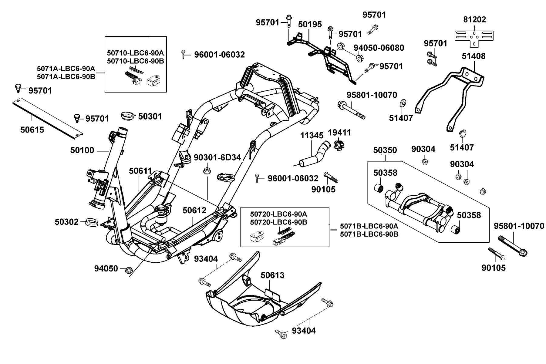 KYMCO Sento 50 (2009-2012) Frame Body parts diagram