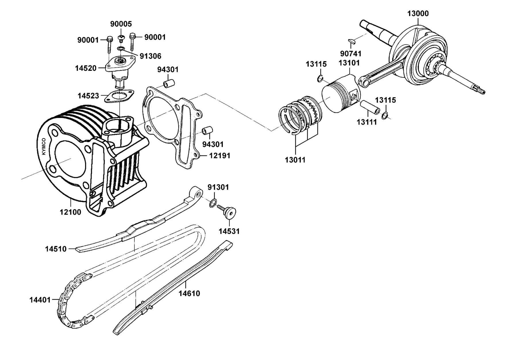 KYMCO Mongoose 90 Cylinder, Piston and Crankshaft parts diagram