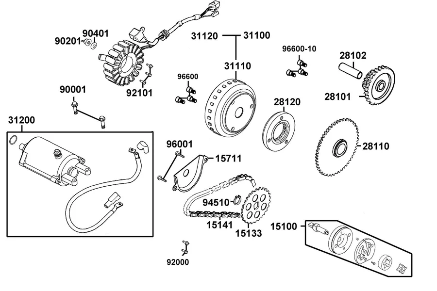 E07 Starting Motor and Oil Pump parts diagram