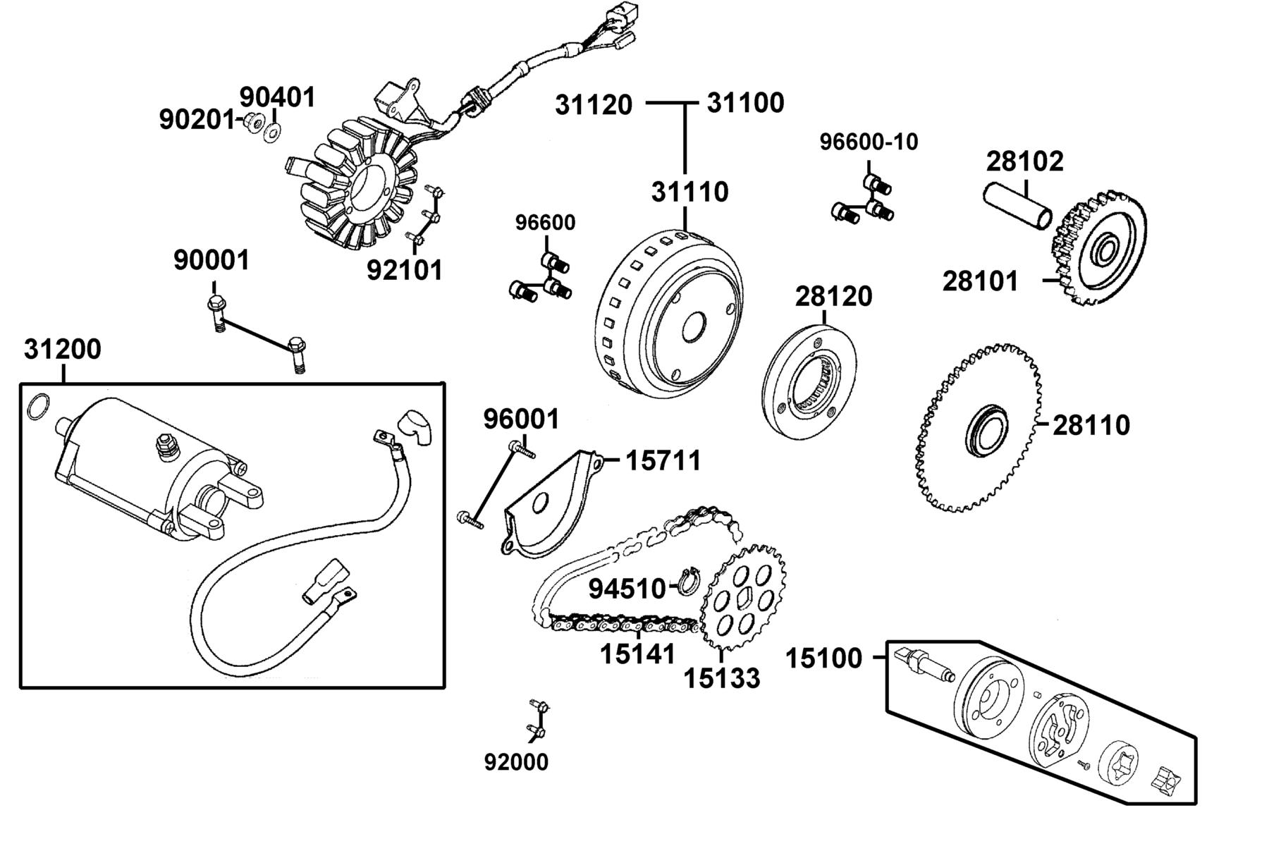 KYMCO DTX 360 Starting Motor and Oil Pump parts diagram