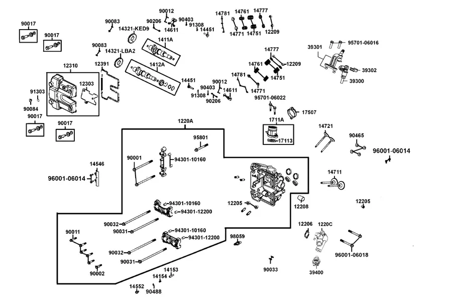 E02 Cylinder Head Cover and Cylinder Head parts diagram