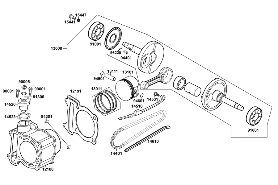 E03 Cylinder, Piston and Crankshaft parts diagram