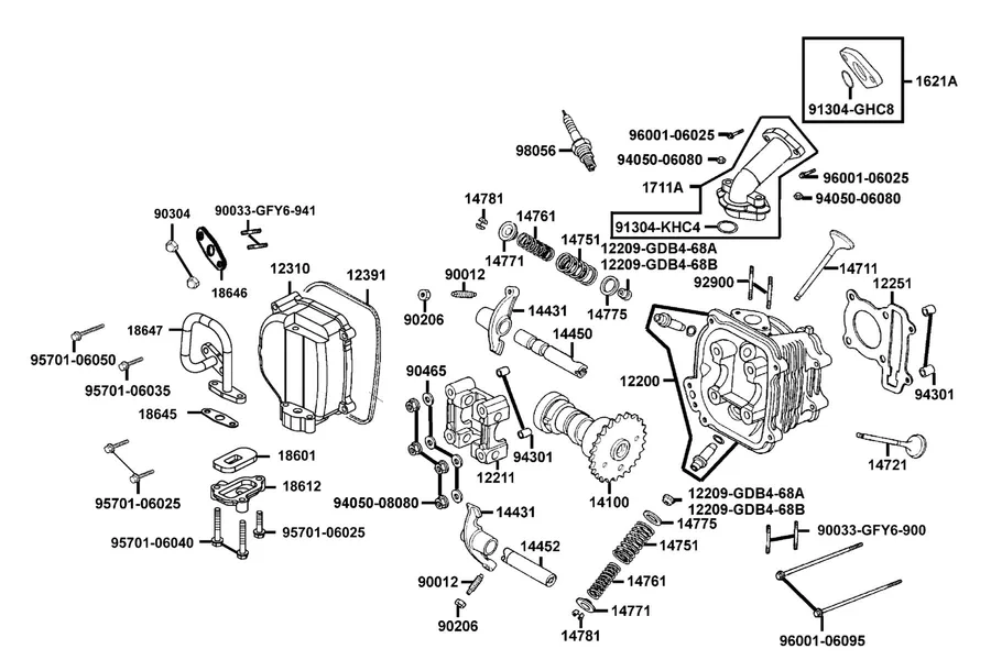 E02 Cylinder Head Cover and Cylinder Head parts diagram