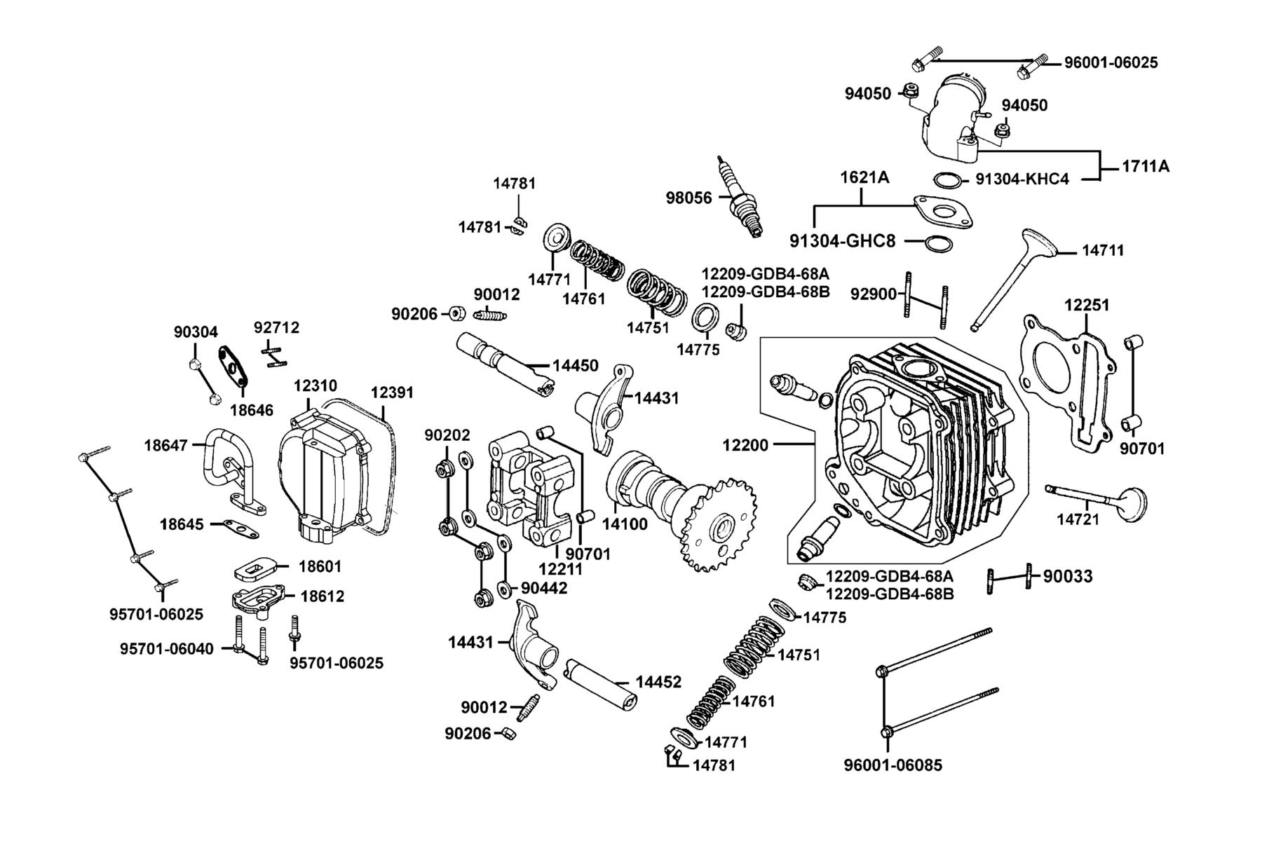 KYMCO Mongoose 70 (2012+) Cylinder Head Cover and Cylinder Head parts diagram
