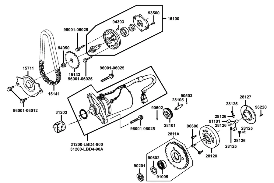 E06 Starting Motor and Oil Pump parts diagram