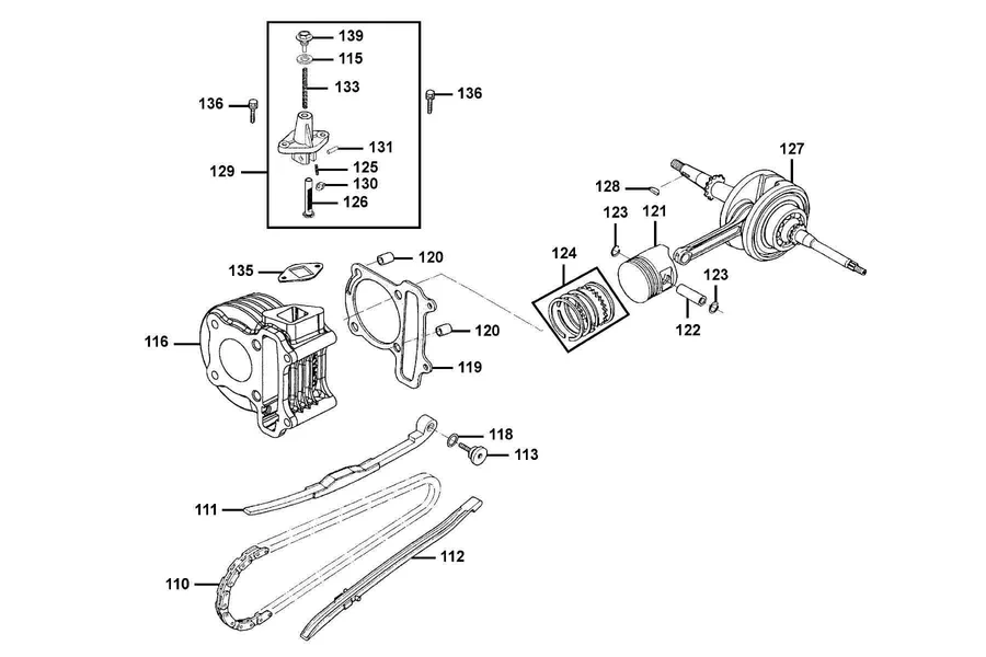 E03 Cylinder, Piston and Crankcase parts diagram