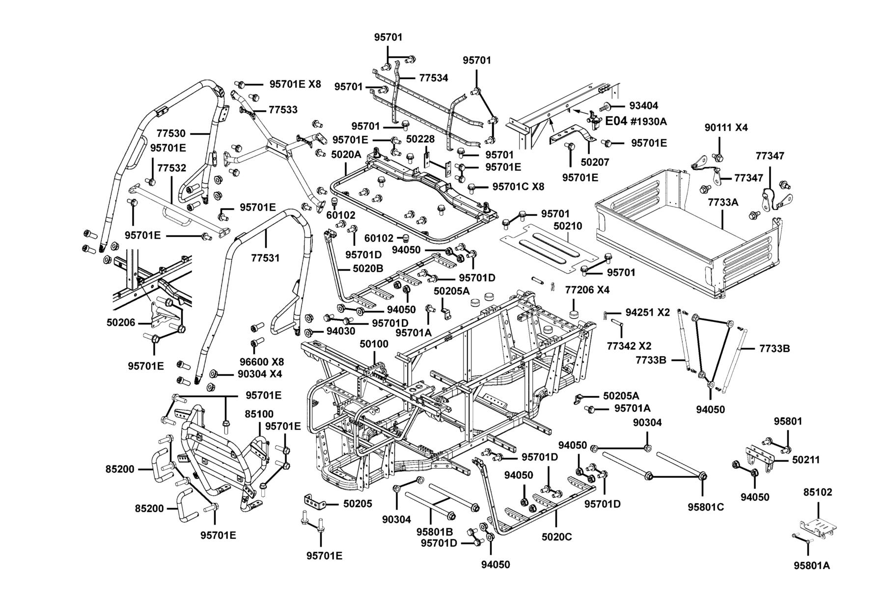 UXV 450i (2017~) Body Comp Frame●Cargo Bed Assy parts diagram