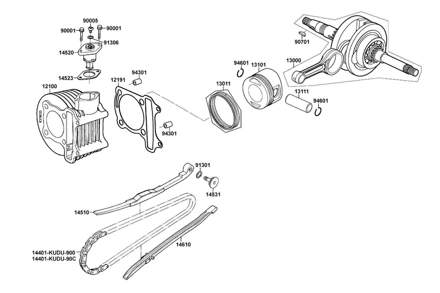 E03 Cylinder, Piston and Crankshaft parts diagram