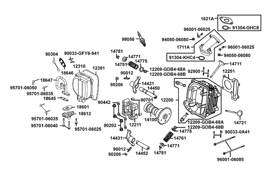 E02 Cylinder Head Cover and Cylinder Head parts diagram