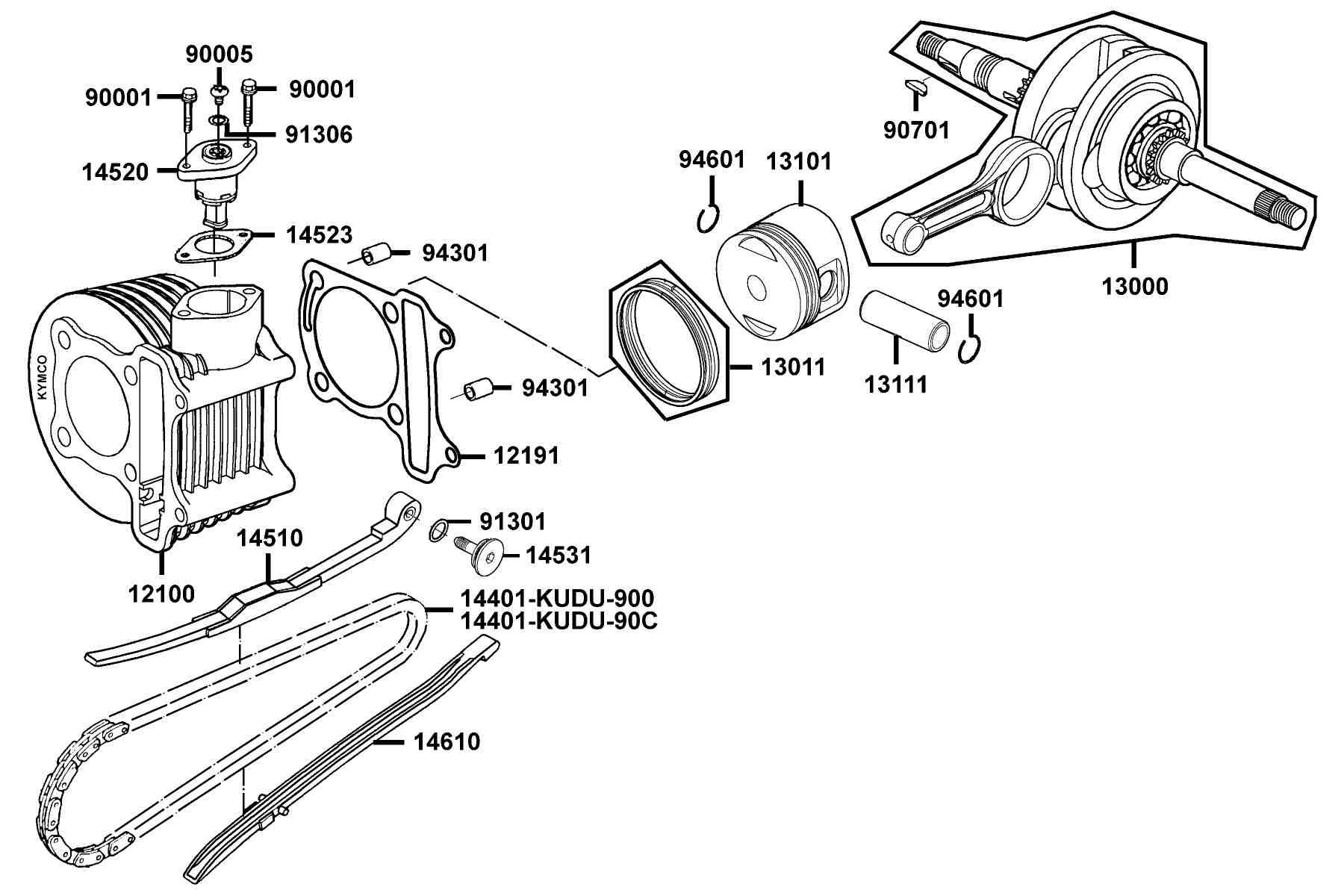 KYMCO PEOPLE 150 (2012+) Cylinder, Piston and Crankshaft parts diagram