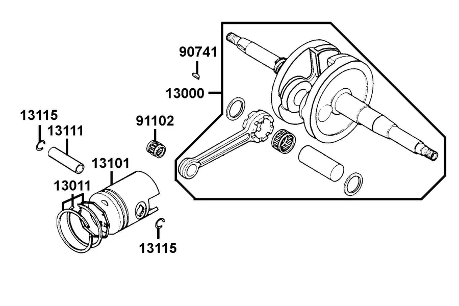 E10 Crankshaft and Piston parts diagram