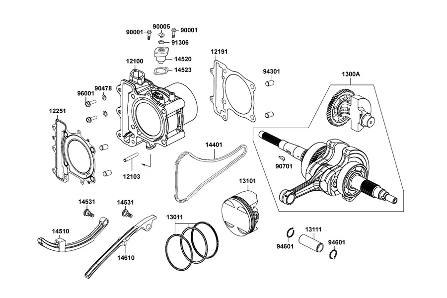 E03 Cylinder, Piston and Crankshaft parts diagram