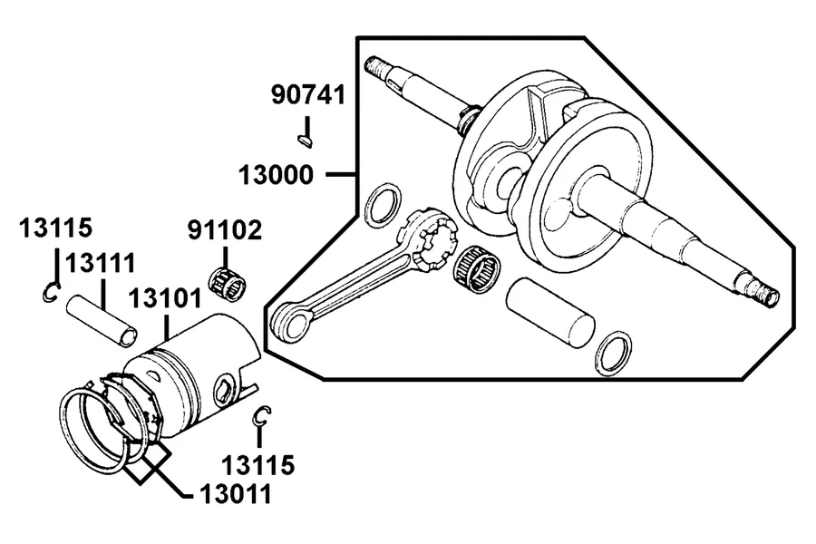 E10 Crankshaft and Piston parts diagram