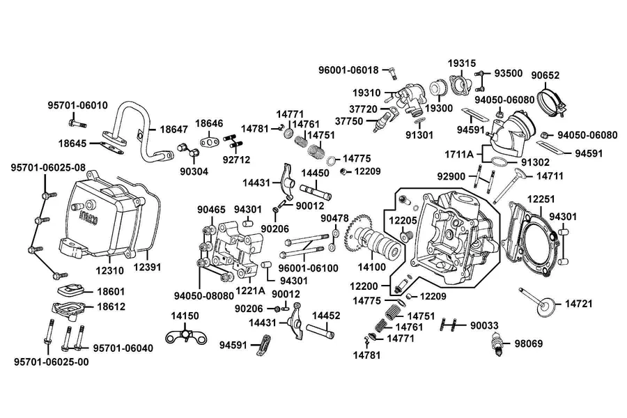 E02 Cylinder Head Cover and Cylinder Head parts diagram