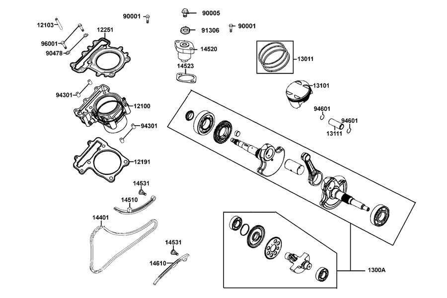 E03 Cylinder, Piston and Crankshaft parts diagram