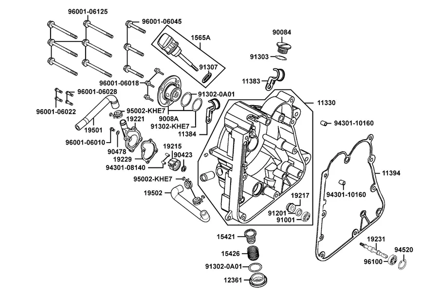 E04 Right Crankcase Cover and Water Pump parts diagram