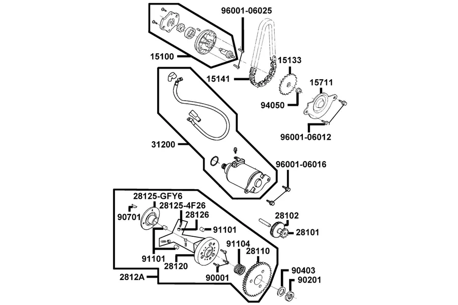 E06 Starting Motor and Oil Pump parts diagram
