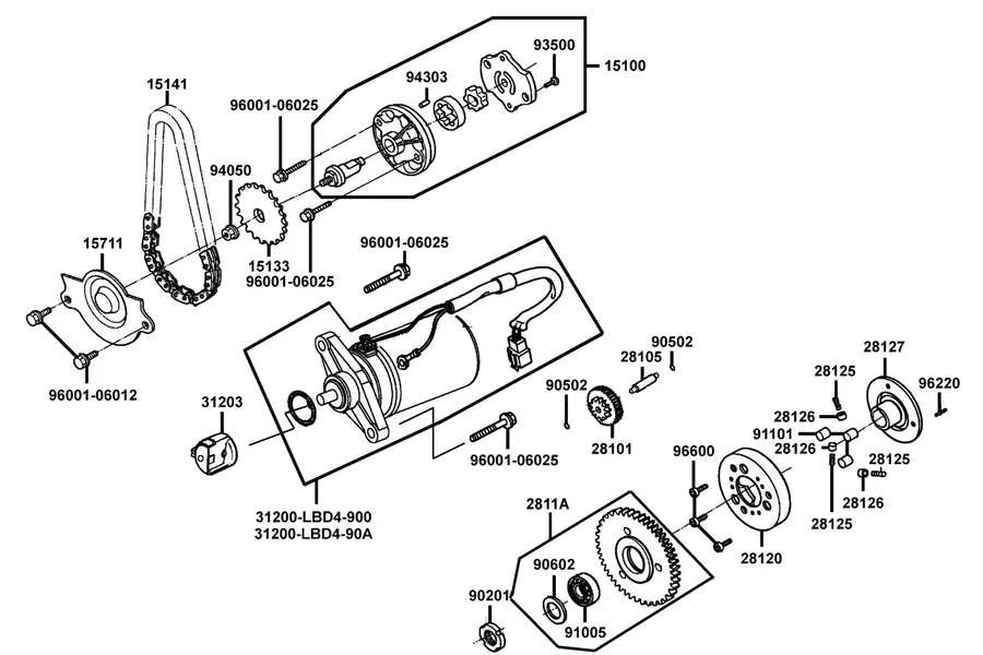 E06 Starting Motor and Oil Pump parts diagram