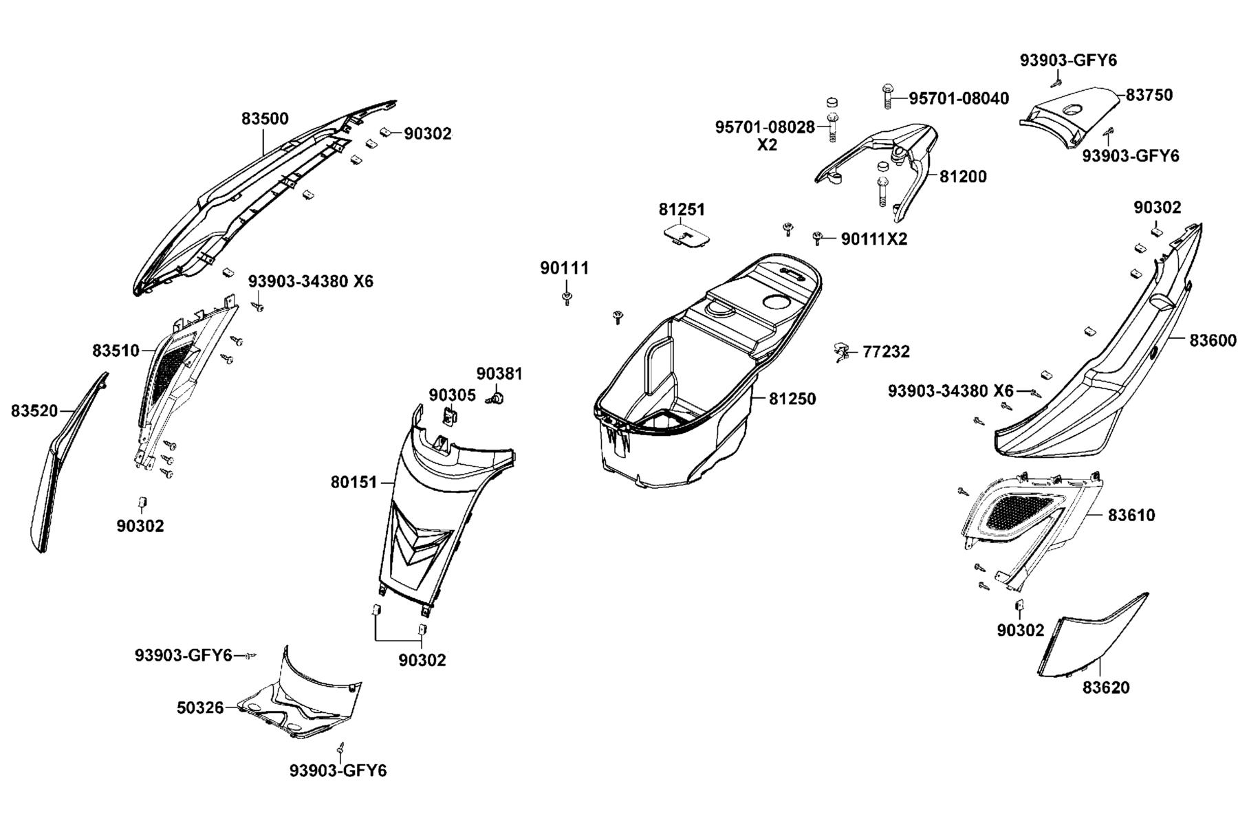KYMCO SUPER 8 (2008+) Body Cover and Luggage Box parts diagram