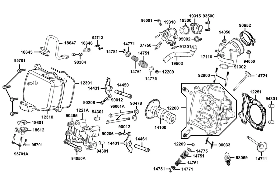 E02 Cylinder Head Cover and Cylinder Head parts diagram