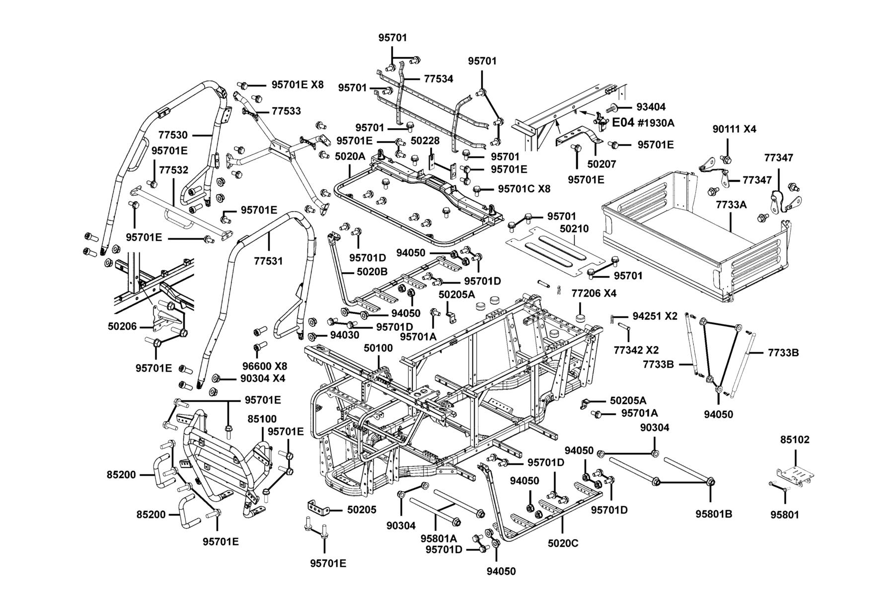 UXV 450i (2017~) Body Comp Frame●Cargo Bed Assy parts diagram