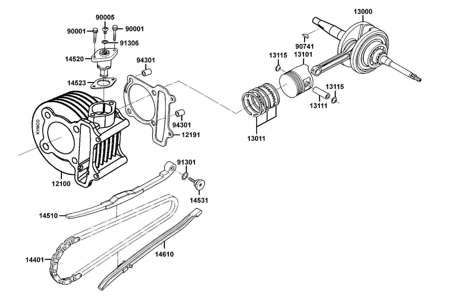 KYMCO Mongoose 90s (2015) Cylinder, Piston and Crankshaft parts diagram