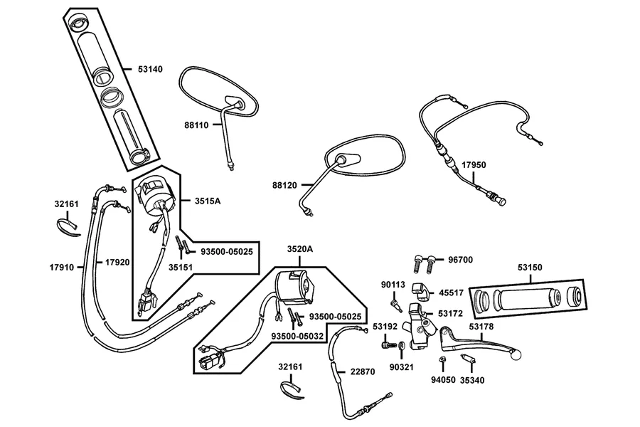 F03 Cable, Switch and Mirror parts diagram