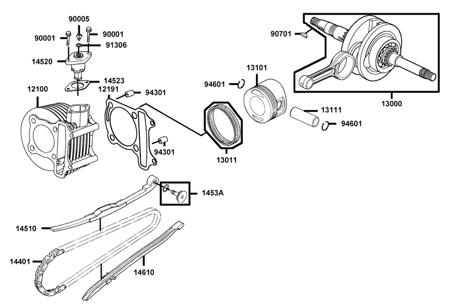 E03 Cylinder, Piston and Crankshaft parts diagram