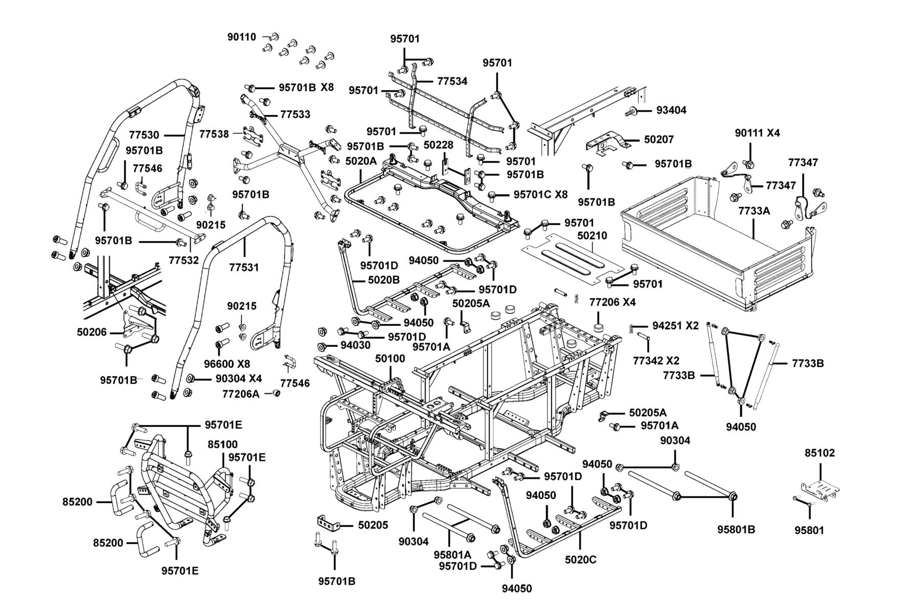 UXV 450i MY2024 Body Comp Frame●Cargo Bed Assy parts diagram