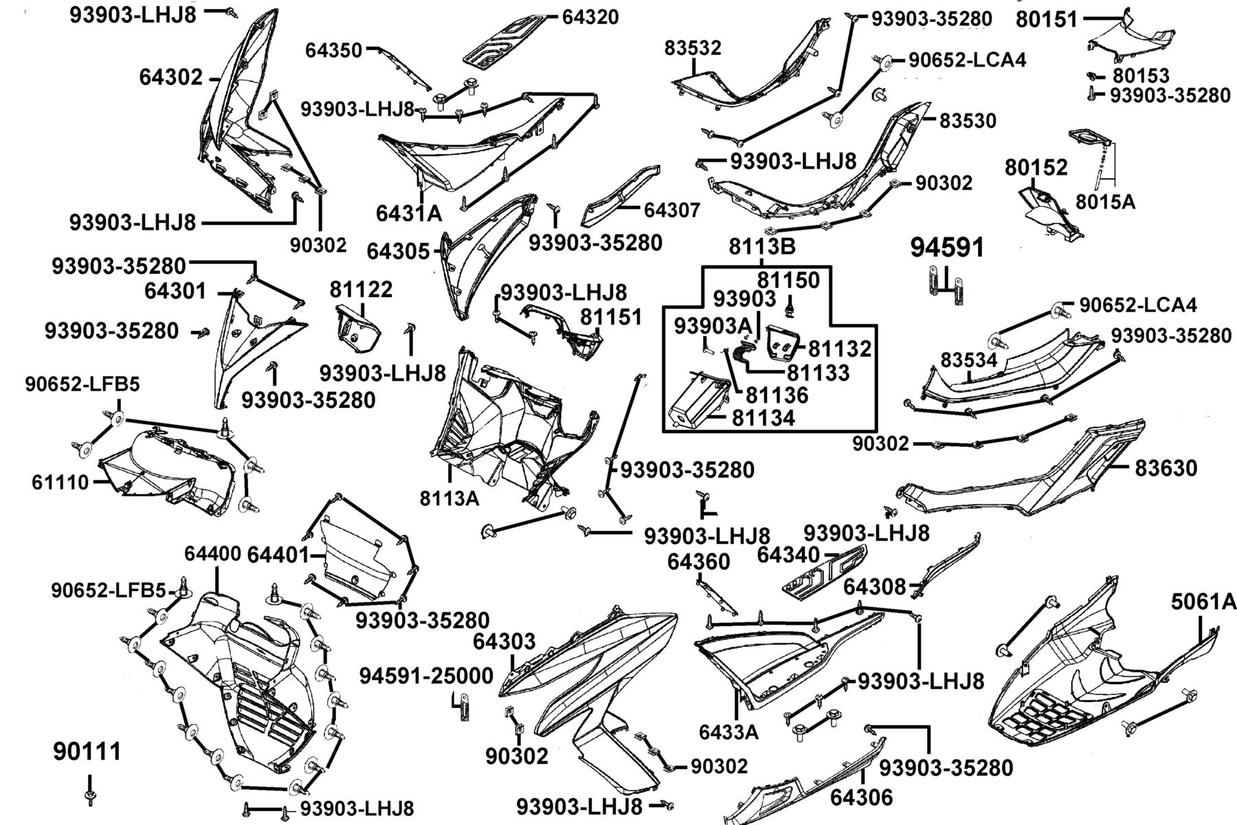 X-TOWN 300(2018) Front Cover ● Front Fender parts diagram
