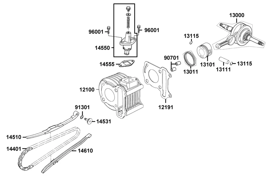 E03 Cylinder, Piston and Crankshaft parts diagram