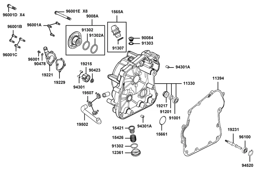 E04 Right Crankcase Cover and Water Pump parts diagram