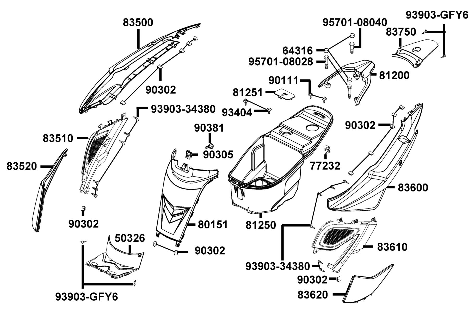 KYMCO NEW SUPER8 150 (2013+) Body Cover and Luggage Box parts diagram
