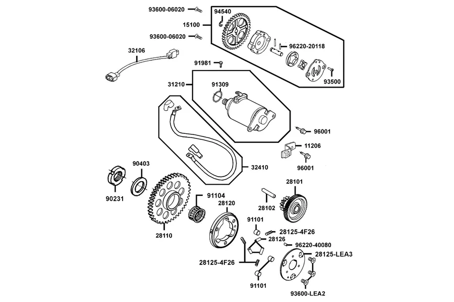 E06 Starting Motor and Oil Pump parts diagram