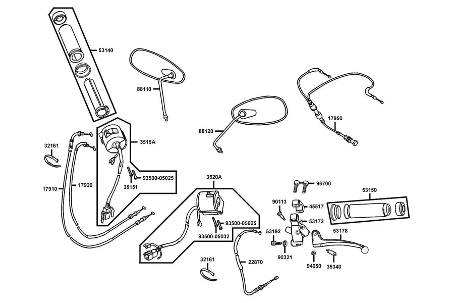 F03 Cable, Switch and Mirror parts diagram