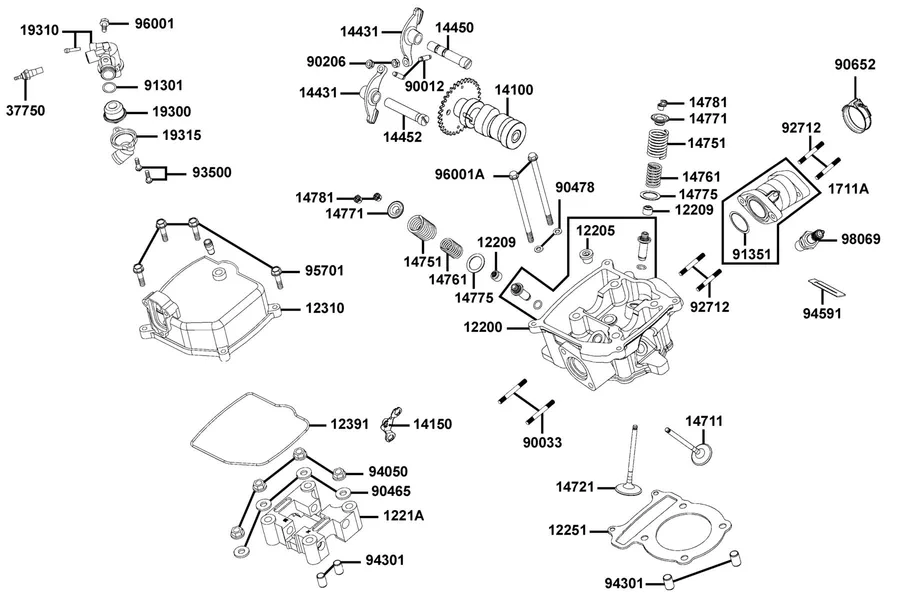 E02 Cylinder Head Cover and Cylinder Head parts diagram