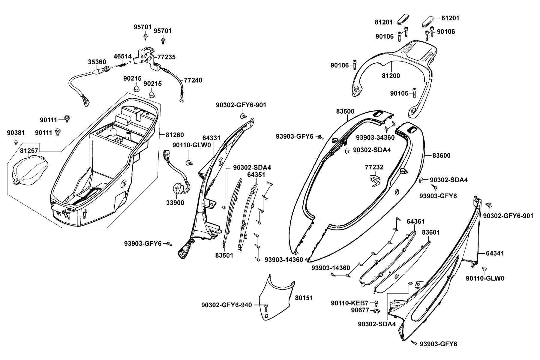 KYMCO Bet&Win 250 (2003-2007) Body Cover and Luggage Box parts diagram
