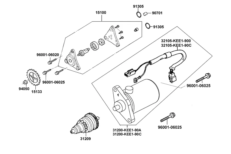 E06 Starting Motor and Oil Pump parts diagram