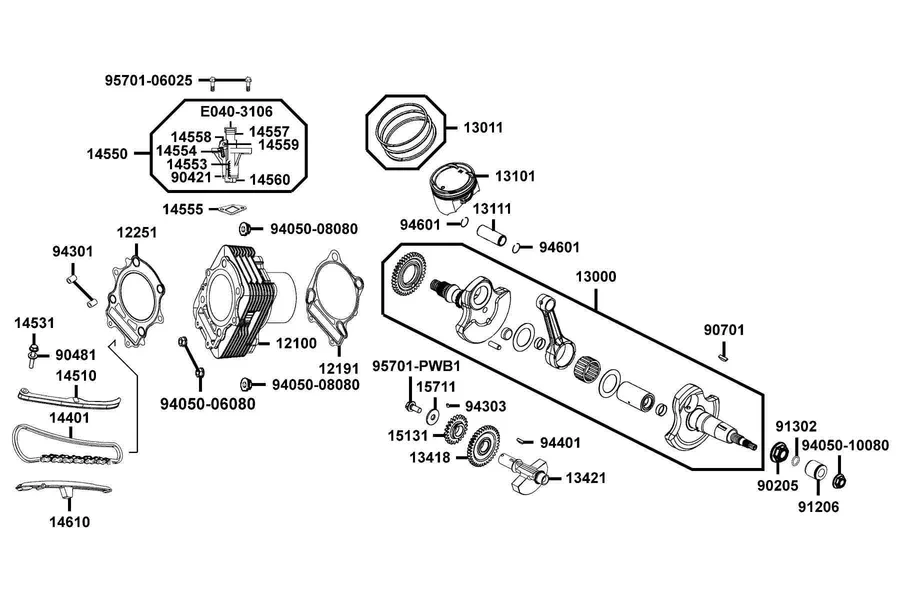 E04 Cylinder, Piston and Crankshaft parts diagram
