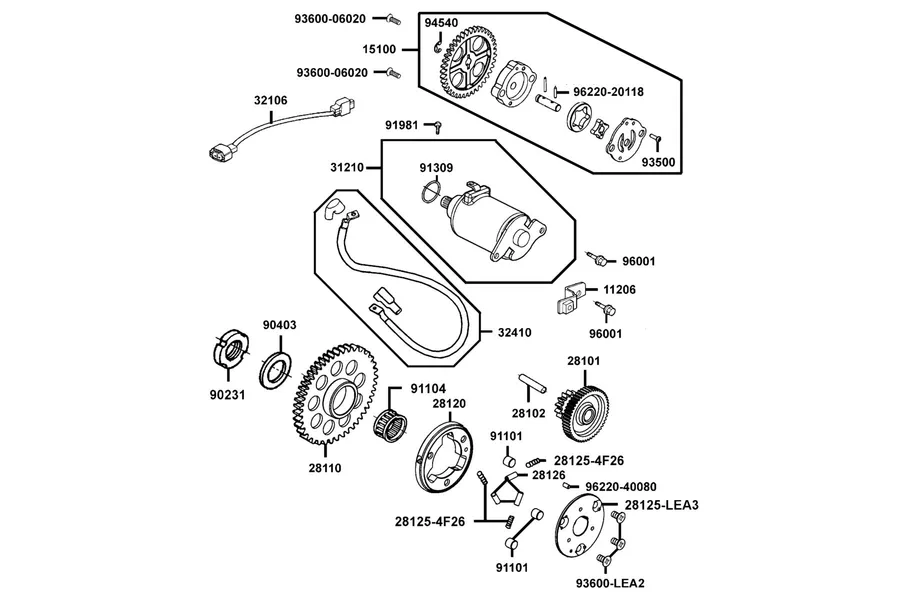 E06 Starting Motor and Oil Pump parts diagram