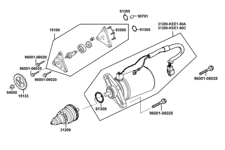 E06 Starting Motor and Oil Pump parts diagram