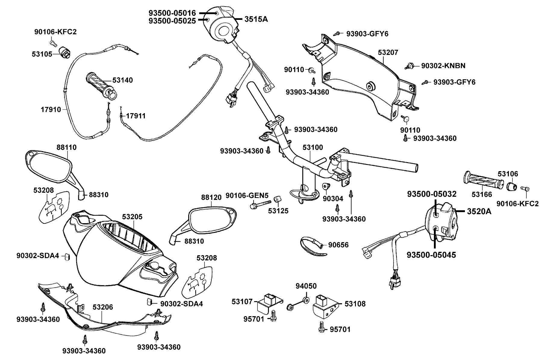 KYMCO Bet&Win 250 (2003-2007) Handle Steering and Handle Cover parts diagram