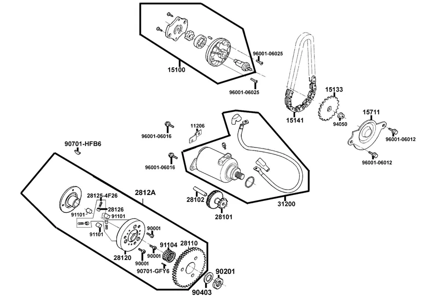 E06 Starting Motor and Oil Pump parts diagram