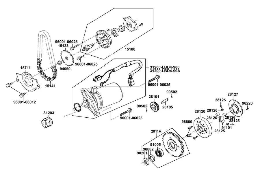 E06 Starting Motor and Oil Pump parts diagram
