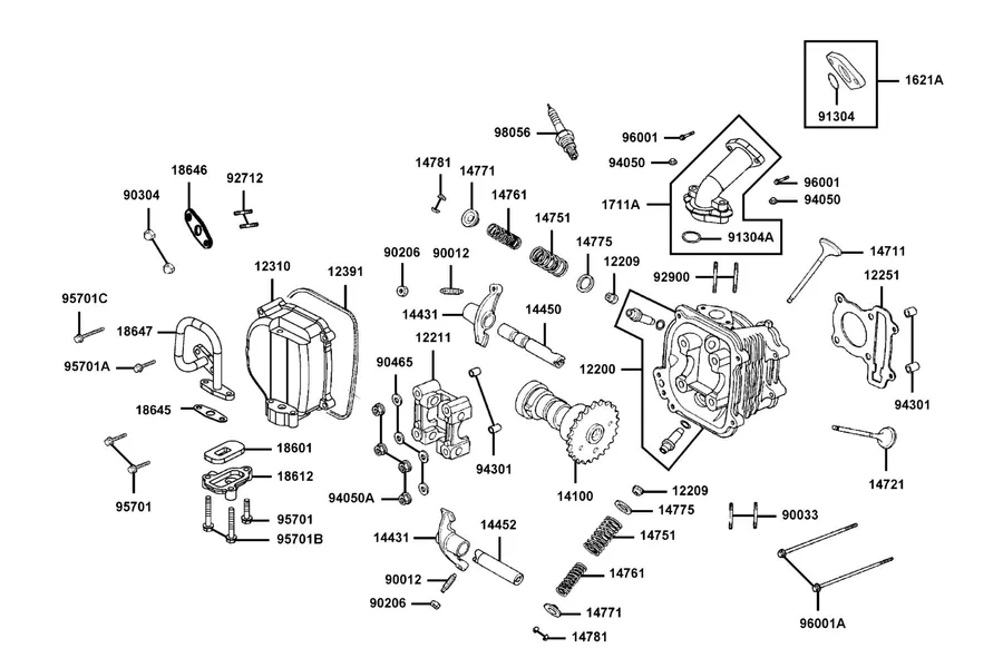 E02 Cylinder Head Cover and Cylinder Head parts diagram