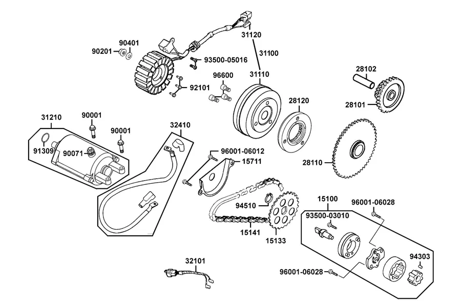 E06 Staring Motor and Oil Pump parts diagram