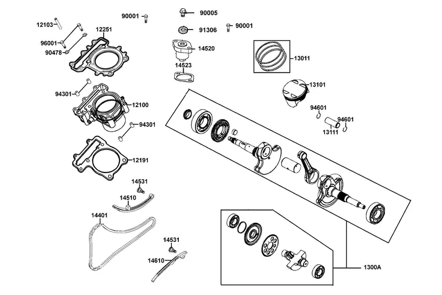 E03 Cylinder, Piston and Crankshaft parts diagram