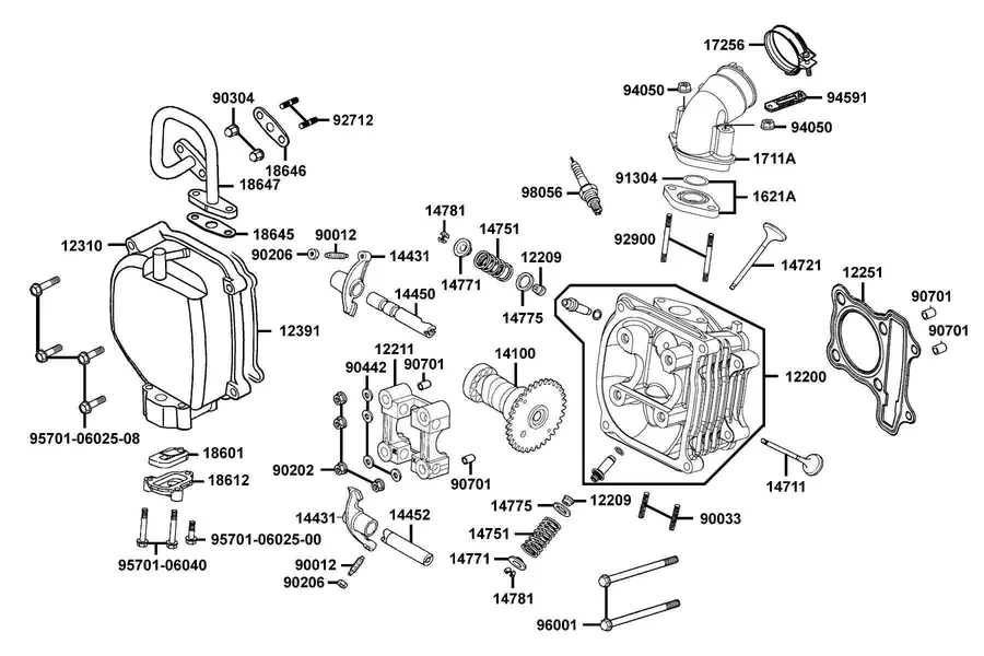 E02 Cylinder Head Cover and Cylinder Head parts diagram