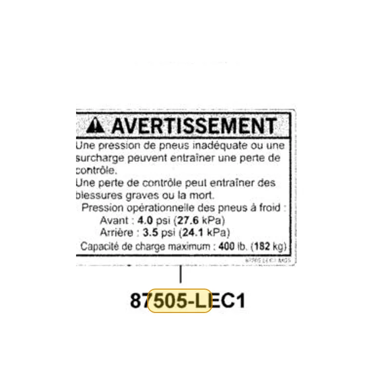 87505-LEC1-MG5-T01 WARNING LABEL TIRE (FRENCH) — diagram cutout