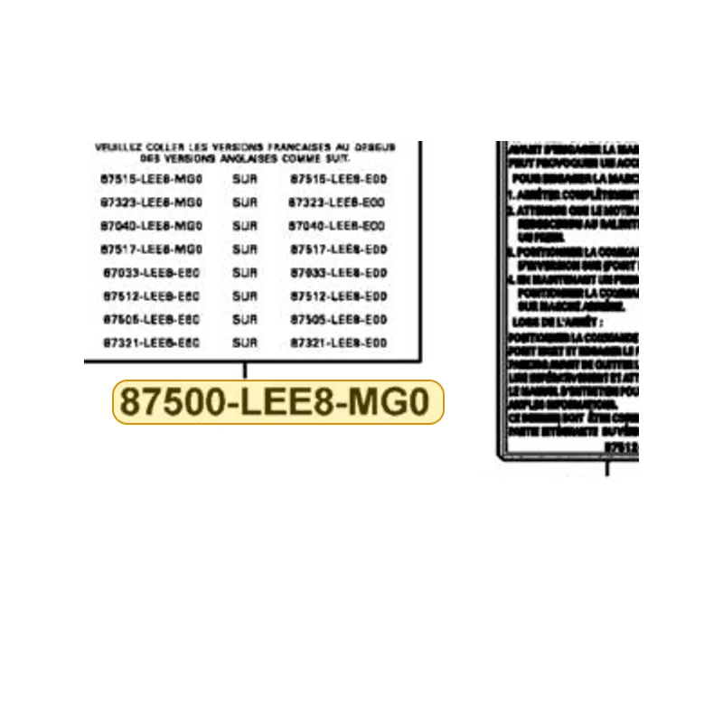 87500-LEE8-MG0-T01 INSTRUCTION OR FRENCH LABELS — diagram cutout